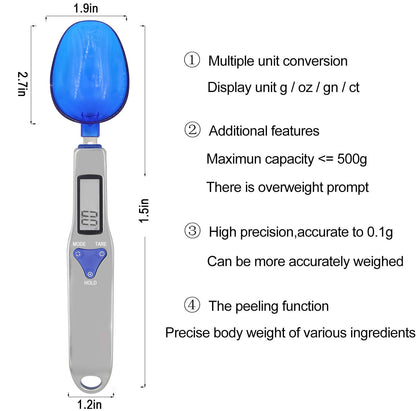 Grams Digital Kitchen Measuring Spoon,Three Different Specifications Food Scale Spoon with Scale Design, Weight from 0.1 Grams to 500 Grams Support Unit g/oz/gn/ct (with 2 AAA Batteries)