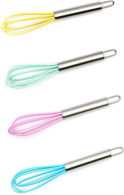 Mini Whisks 6 inch 4Pcs silica gel stainless steel Whisk, Hand Egg Mixer for Flour Cake Egg, Kitchen Cooking Baking Use Whisk （purple，yellow，cyan，blue）