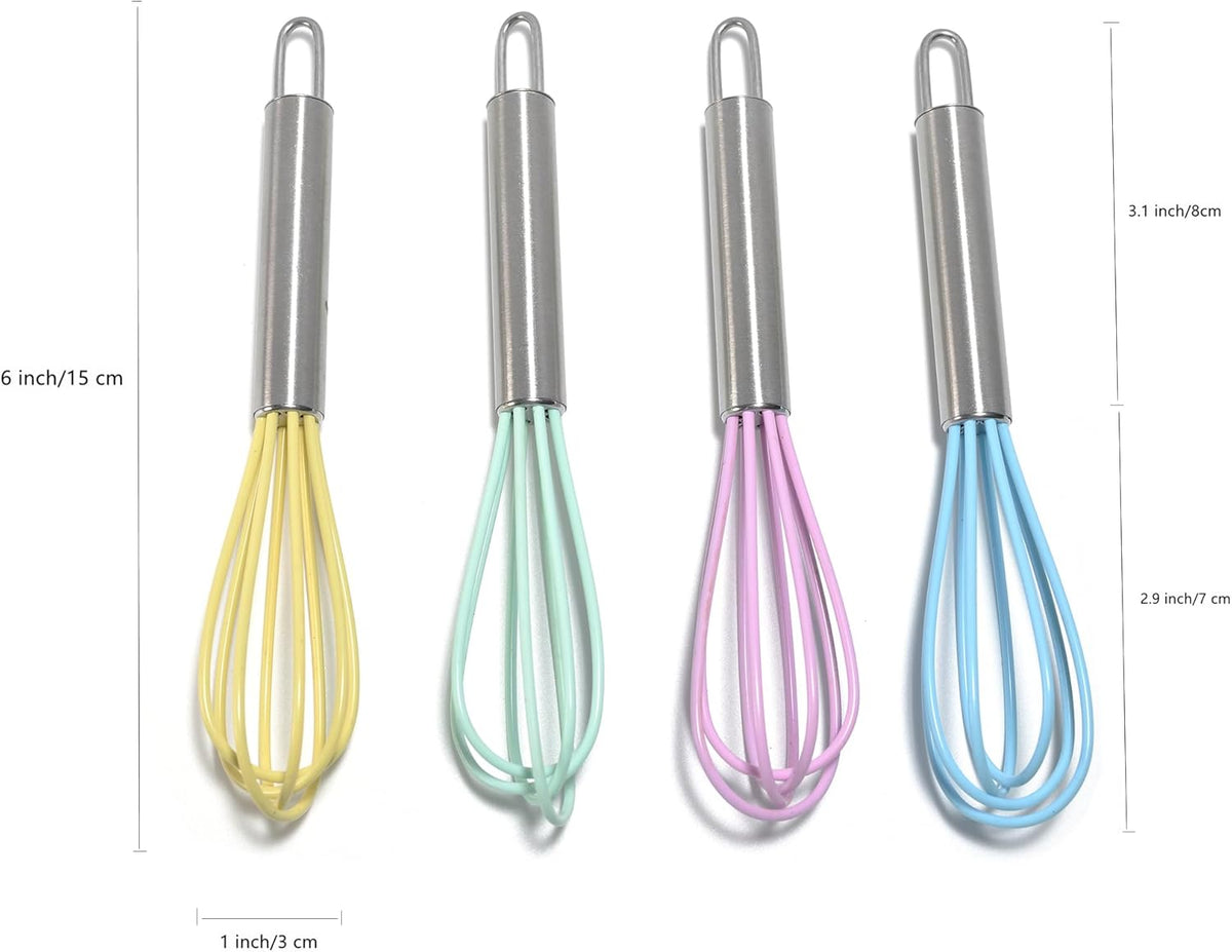 Mini Whisks 6 inch 4Pcs silica gel stainless steel Whisk, Hand Egg Mixer for Flour Cake Egg, Kitchen Cooking Baking Use Whisk （purple，yellow，cyan，blue）