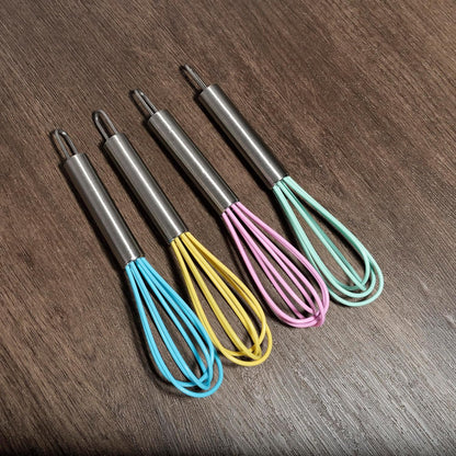 Mini Whisks 6 inch 4Pcs silica gel stainless steel Whisk, Hand Egg Mixer for Flour Cake Egg, Kitchen Cooking Baking Use Whisk （purple，yellow，cyan，blue）