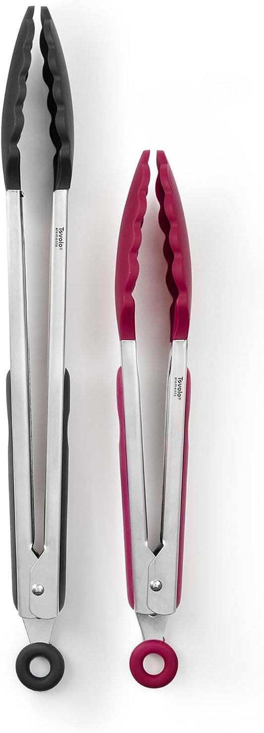 Stainless Steel Tongs with Silicone Tip Set 9" 12" with Easy Lock Mechanism for Grilling Air Fryer Cooking Serving Salad, Heat Resistant Silicone Tipped Kitchen Tongs Sangria Red Black