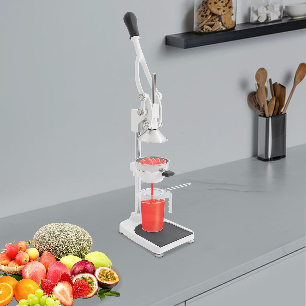 Manual Juicer, Stainless Steel Hand Press Juicer Machine Heavy Duty Countertop Squeezer for Oranges, Lemons, Pomegranates, Includes Filter Bags & Measuring Cup, Easy to Clean