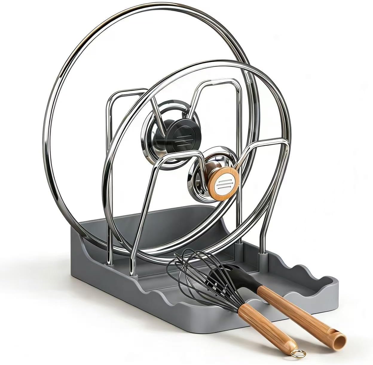 Pot Lid Rack, Cutting Board & Utensil Holder Black | Space-saving rust-proof steel storage holds lids, boards, spoons and chopsticks
