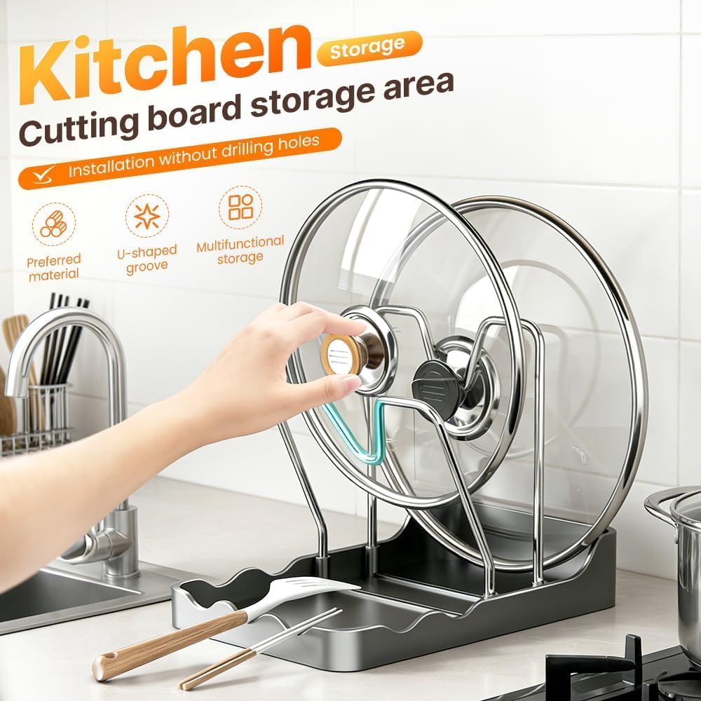 Pot Lid Rack, Cutting Board & Utensil Holder Black | Space-saving rust-proof steel storage holds lids, boards, spoons and chopsticks