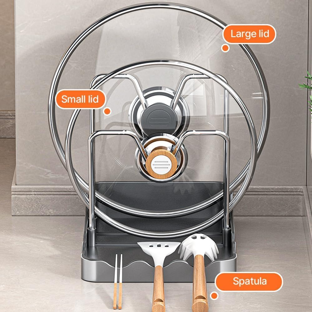 Pot Lid Rack, Cutting Board & Utensil Holder Black | Space-saving rust-proof steel storage holds lids, boards, spoons and chopsticks