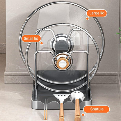 Pot Lid Rack, Cutting Board & Utensil Holder Black | Space-saving rust-proof steel storage holds lids, boards, spoons and chopsticks