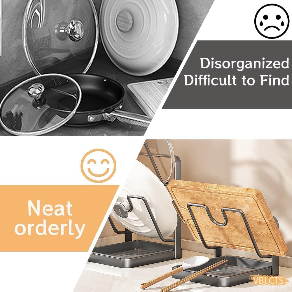 Pot Lid Rack, Cutting Board & Utensil Holder Black | Space-saving rust-proof steel storage holds lids, boards, spoons and chopsticks