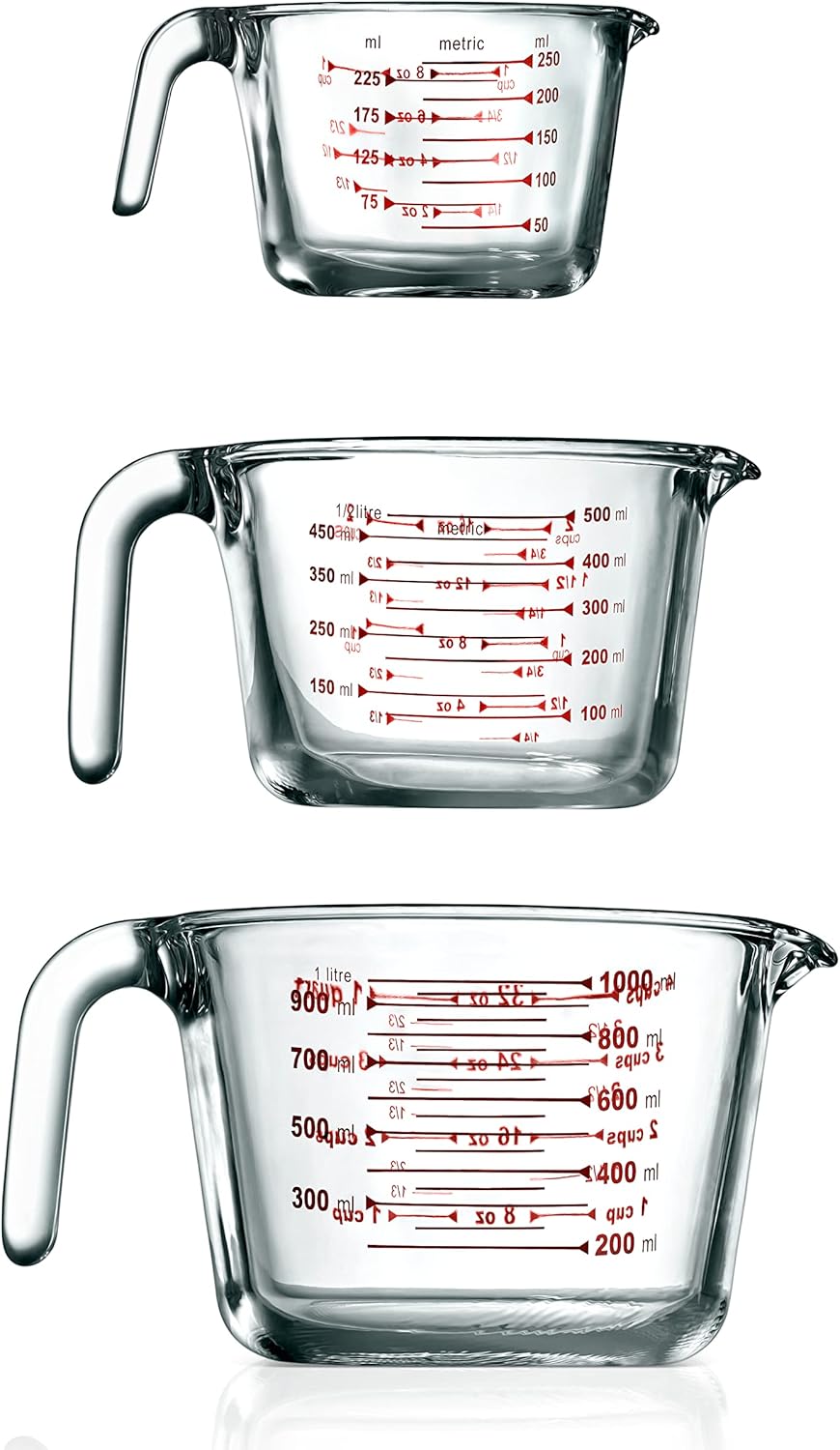 NutriChef 3 Pieces Measuring Cups - BPA-Free Premium Heat Resistant Borosilicate Glass Measuring Cups w/ Handle, Precise Measurement w/ Oz & Ml Scale, in 250ml 500ml & 1000ml, Microwave & Oven Safe