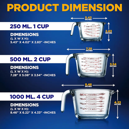 NutriChef 3 Pieces Measuring Cups - BPA-Free Premium Heat Resistant Borosilicate Glass Measuring Cups w/ Handle, Precise Measurement w/ Oz & Ml Scale, in 250ml 500ml & 1000ml, Microwave & Oven Safe