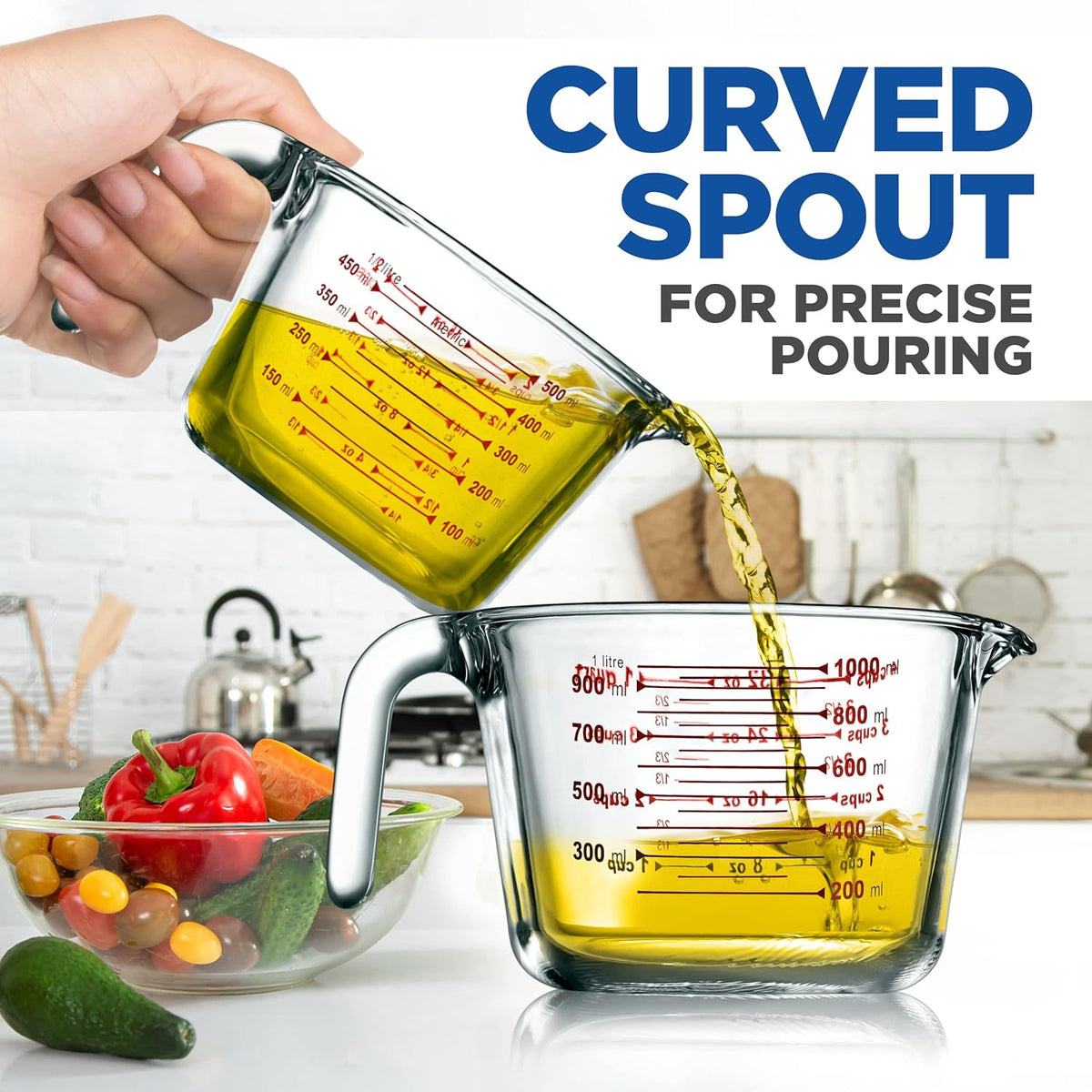 NutriChef 3 Pieces Measuring Cups - BPA-Free Premium Heat Resistant Borosilicate Glass Measuring Cups w/ Handle, Precise Measurement w/ Oz & Ml Scale, in 250ml 500ml & 1000ml, Microwave & Oven Safe