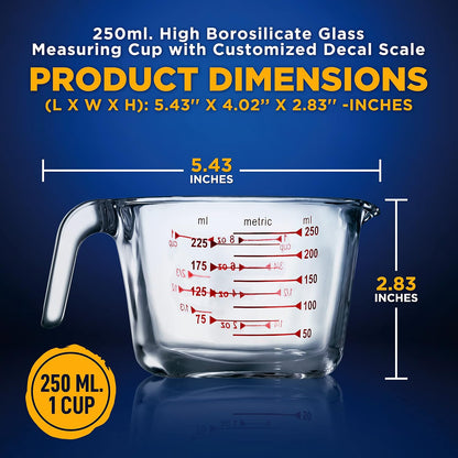 NutriChef 3 Pieces Measuring Cups - BPA-Free Premium Heat Resistant Borosilicate Glass Measuring Cups w/ Handle, Precise Measurement w/ Oz & Ml Scale, in 250ml 500ml & 1000ml, Microwave & Oven Safe