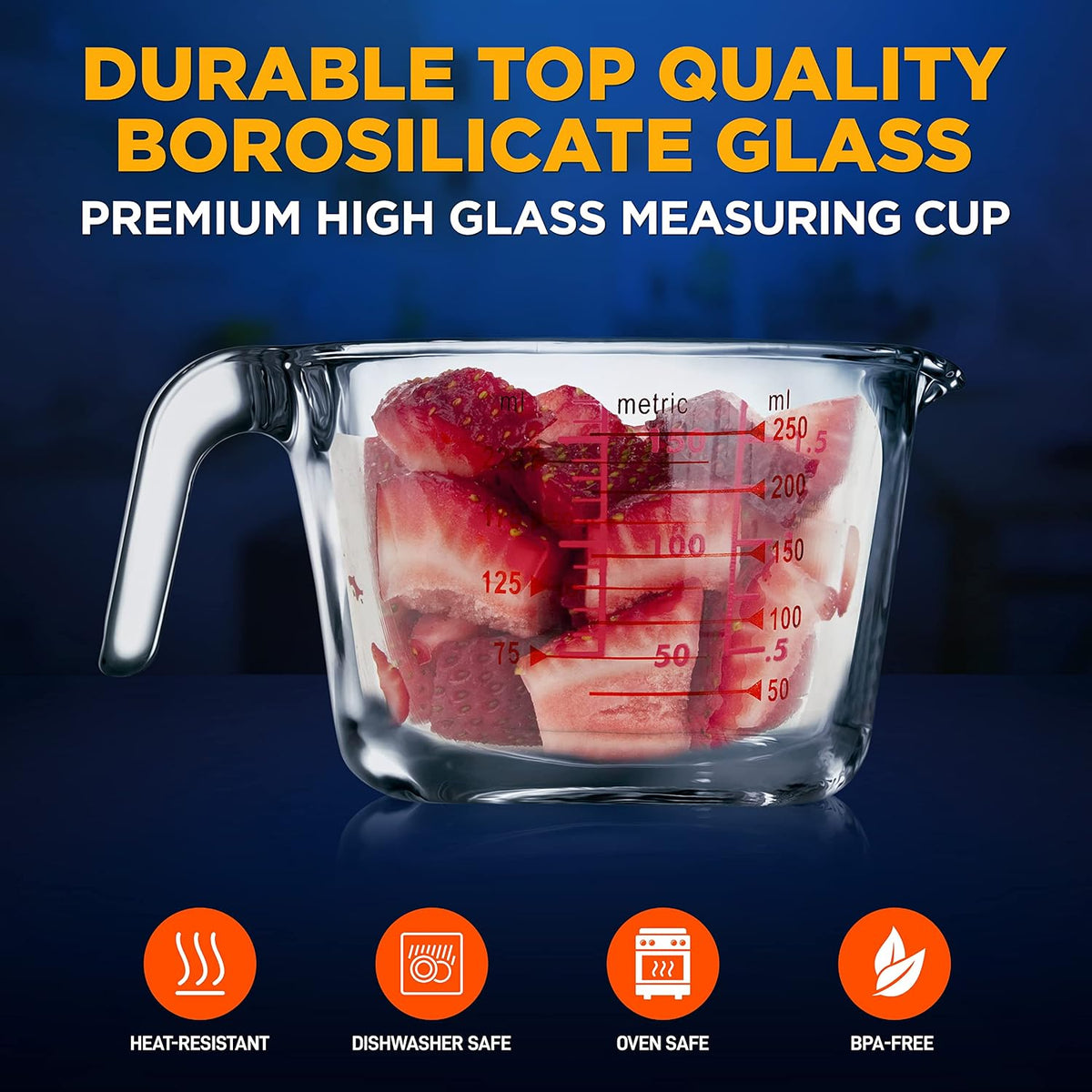 NutriChef 3 Pieces Measuring Cups - BPA-Free Premium Heat Resistant Borosilicate Glass Measuring Cups w/ Handle, Precise Measurement w/ Oz & Ml Scale, in 250ml 500ml & 1000ml, Microwave & Oven Safe