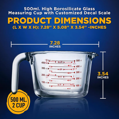 NutriChef 3 Pieces Measuring Cups - BPA-Free Premium Heat Resistant Borosilicate Glass Measuring Cups w/ Handle, Precise Measurement w/ Oz & Ml Scale, in 250ml 500ml & 1000ml, Microwave & Oven Safe