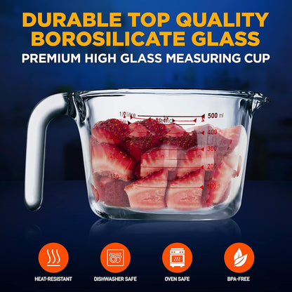 NutriChef 3 Pieces Measuring Cups - BPA-Free Premium Heat Resistant Borosilicate Glass Measuring Cups w/ Handle, Precise Measurement w/ Oz & Ml Scale, in 250ml 500ml & 1000ml, Microwave & Oven Safe