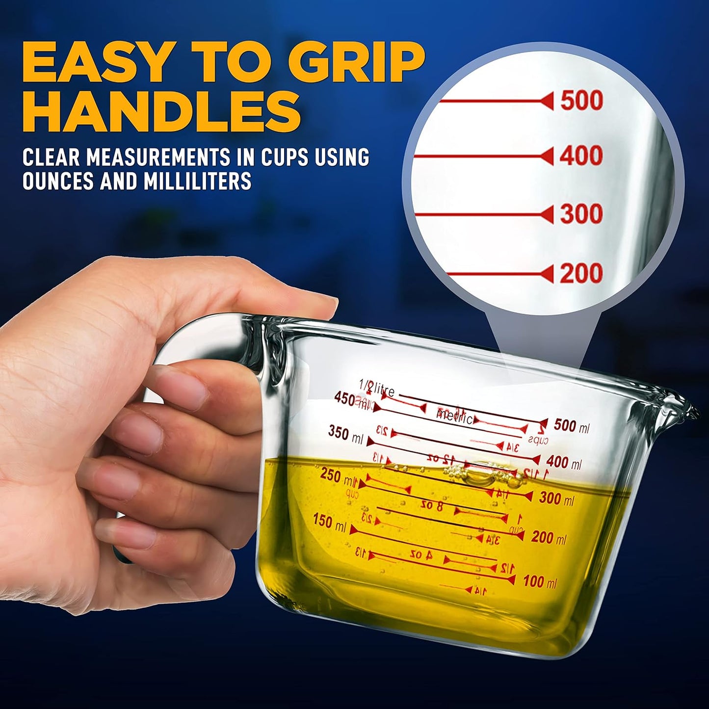 NutriChef 3 Pieces Measuring Cups - BPA-Free Premium Heat Resistant Borosilicate Glass Measuring Cups w/ Handle, Precise Measurement w/ Oz & Ml Scale, in 250ml 500ml & 1000ml, Microwave & Oven Safe