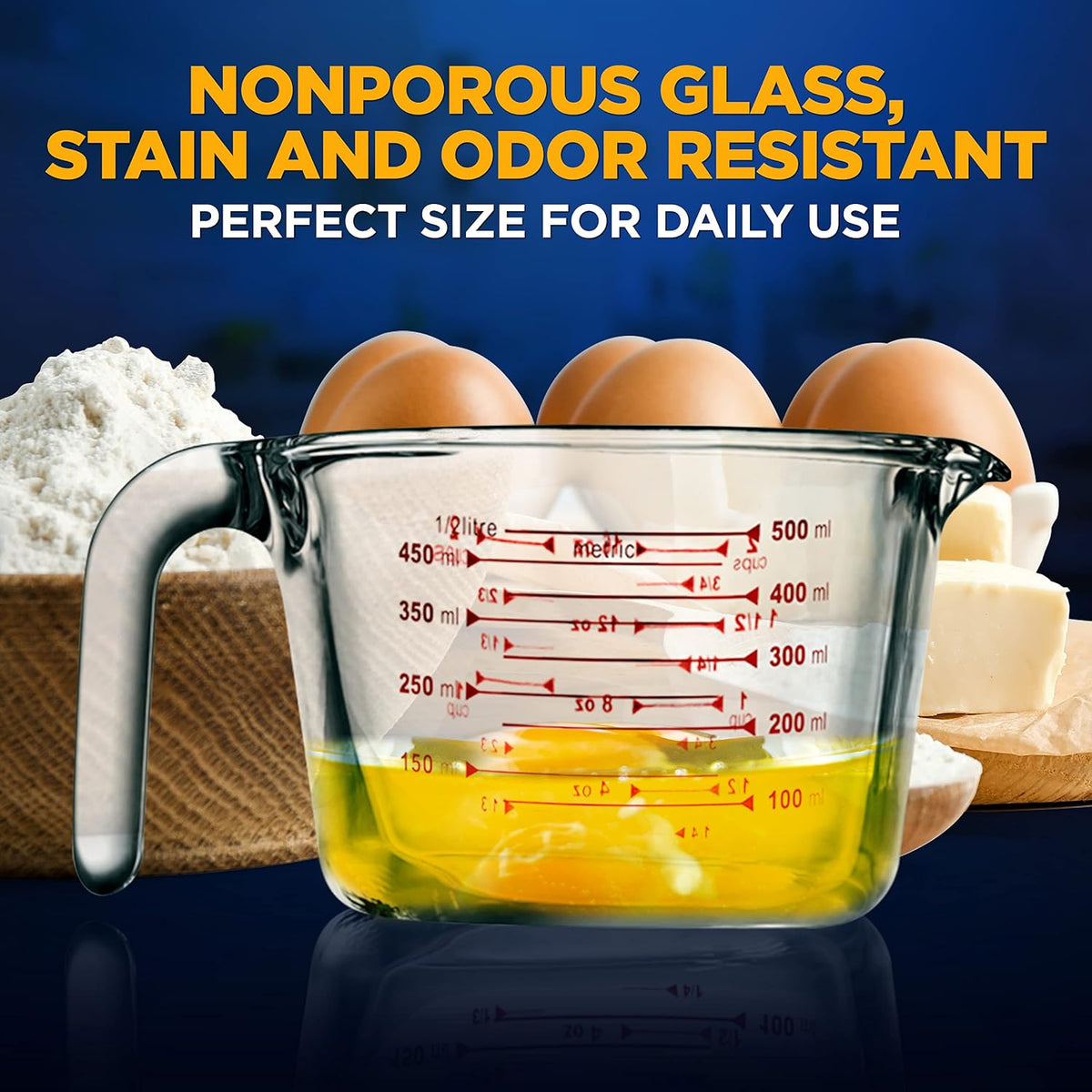 NutriChef 3 Pieces Measuring Cups - BPA-Free Premium Heat Resistant Borosilicate Glass Measuring Cups w/ Handle, Precise Measurement w/ Oz & Ml Scale, in 250ml 500ml & 1000ml, Microwave & Oven Safe
