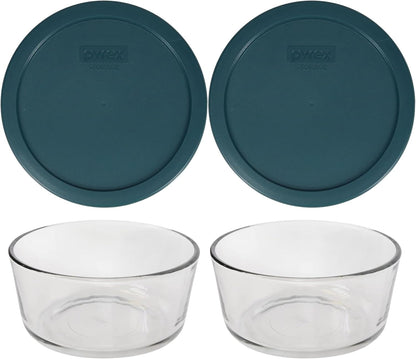 7203 7-Cup Glass Bowls and 7402-PC Blue Lids (2-Pack) - Made in USA