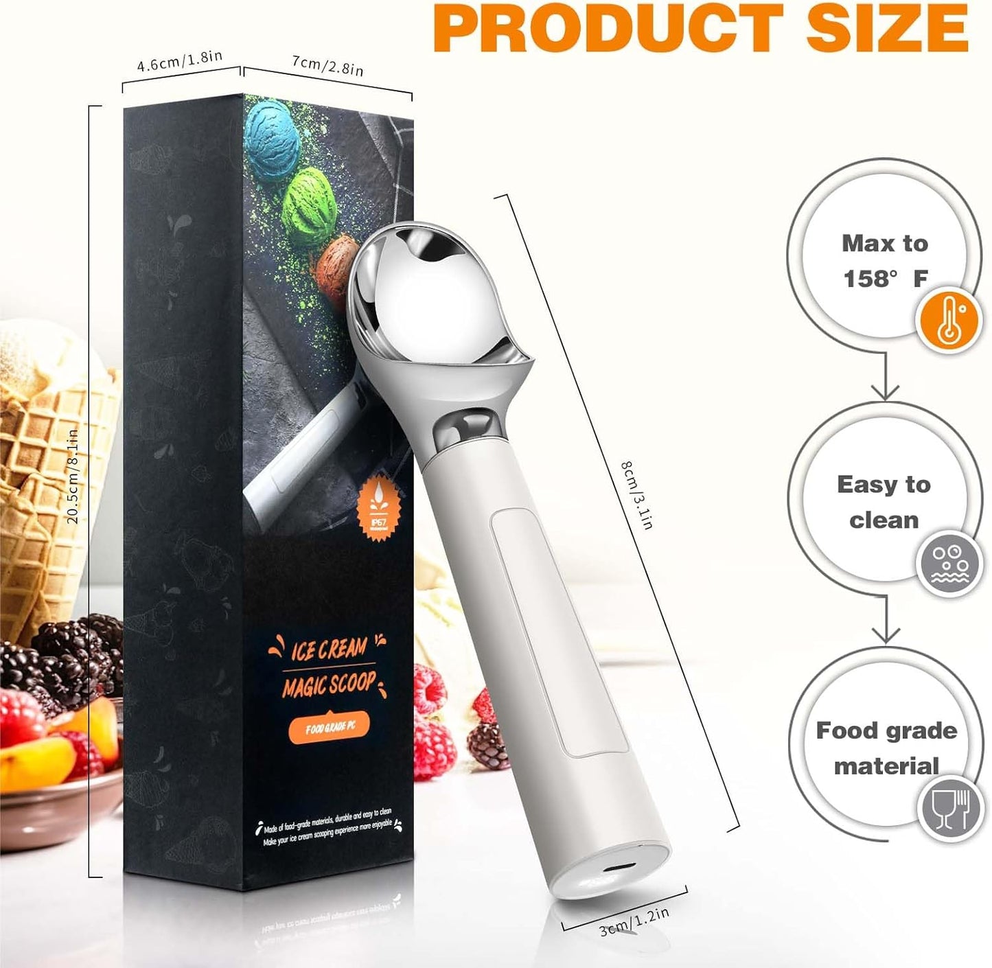 Heated Ice Cream Scoop, Rechargeable Waterproof Electric Ice Cream Scoop for Hard Ice Cream, Rechargeable with LED Display, Heats to 158°F for Dessert Shops, Homes Kitchen Gadgets