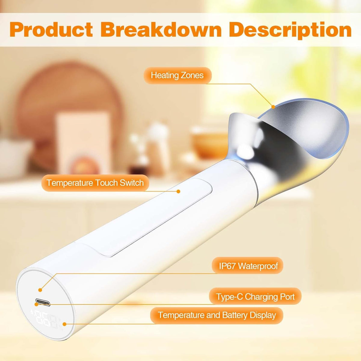 Heated Ice Cream Scoop, Rechargeable Waterproof Electric Ice Cream Scoop for Hard Ice Cream, Rechargeable with LED Display, Heats to 158°F for Dessert Shops, Homes Kitchen Gadgets