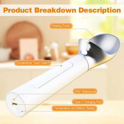 Heated Ice Cream Scoop, Rechargeable Waterproof Electric Ice Cream Scoop for Hard Ice Cream, Rechargeable with LED Display, Heats to 158°F for Dessert Shops, Homes Kitchen Gadgets
