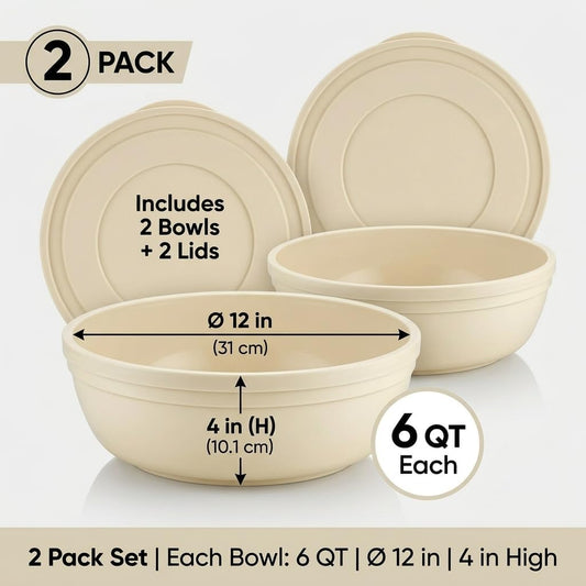 Large Salad and Serving Mixing Bowls with Lid, Round Plastic Bowl - (6 Quarts)