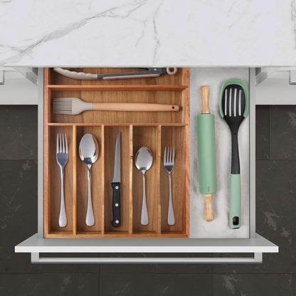 Expandable Bamboo Kitchen Drawer Organizer for Cutlery and Utensils, Adjustable Bamboo Wood Cutlery Tray in Drawer for Flatware and Silverware in Kitchen, (Natural)