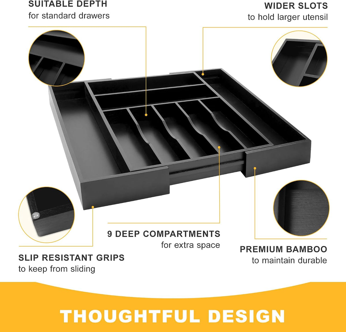 Expandable Bamboo Kitchen Drawer Organizer for Cutlery and Utensils, Adjustable Bamboo Wood Cutlery Tray in Drawer for Flatware and Silverware in Kitchen, (Natural)
