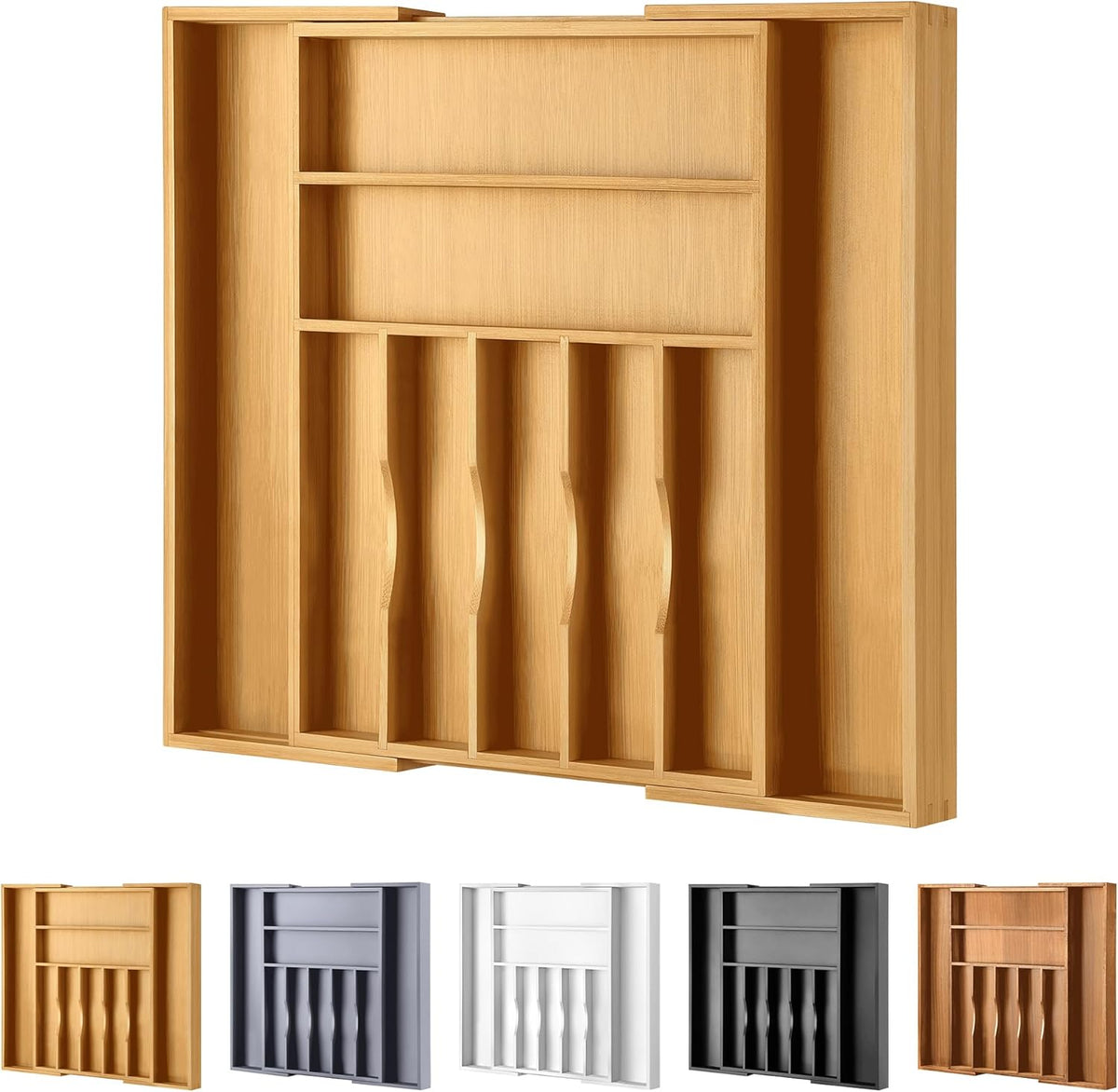 Expandable Bamboo Kitchen Drawer Organizer for Cutlery and Utensils, Adjustable Bamboo Wood Cutlery Tray in Drawer for Flatware and Silverware in Kitchen, (Natural)