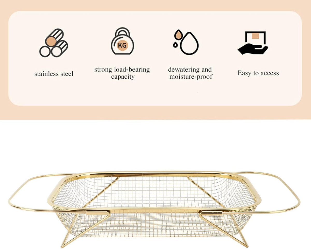 Over The Sink Colander, Expandable Stainless Steel with Fine Mesh Strainer Basket Vegetable Fruit Wash Basket with Handles for Kitchen Sink, Home Kitchen Essentials (Gold)