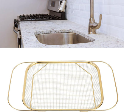 Over The Sink Colander, Expandable Stainless Steel with Fine Mesh Strainer Basket Vegetable Fruit Wash Basket with Handles for Kitchen Sink, Home Kitchen Essentials (Gold)