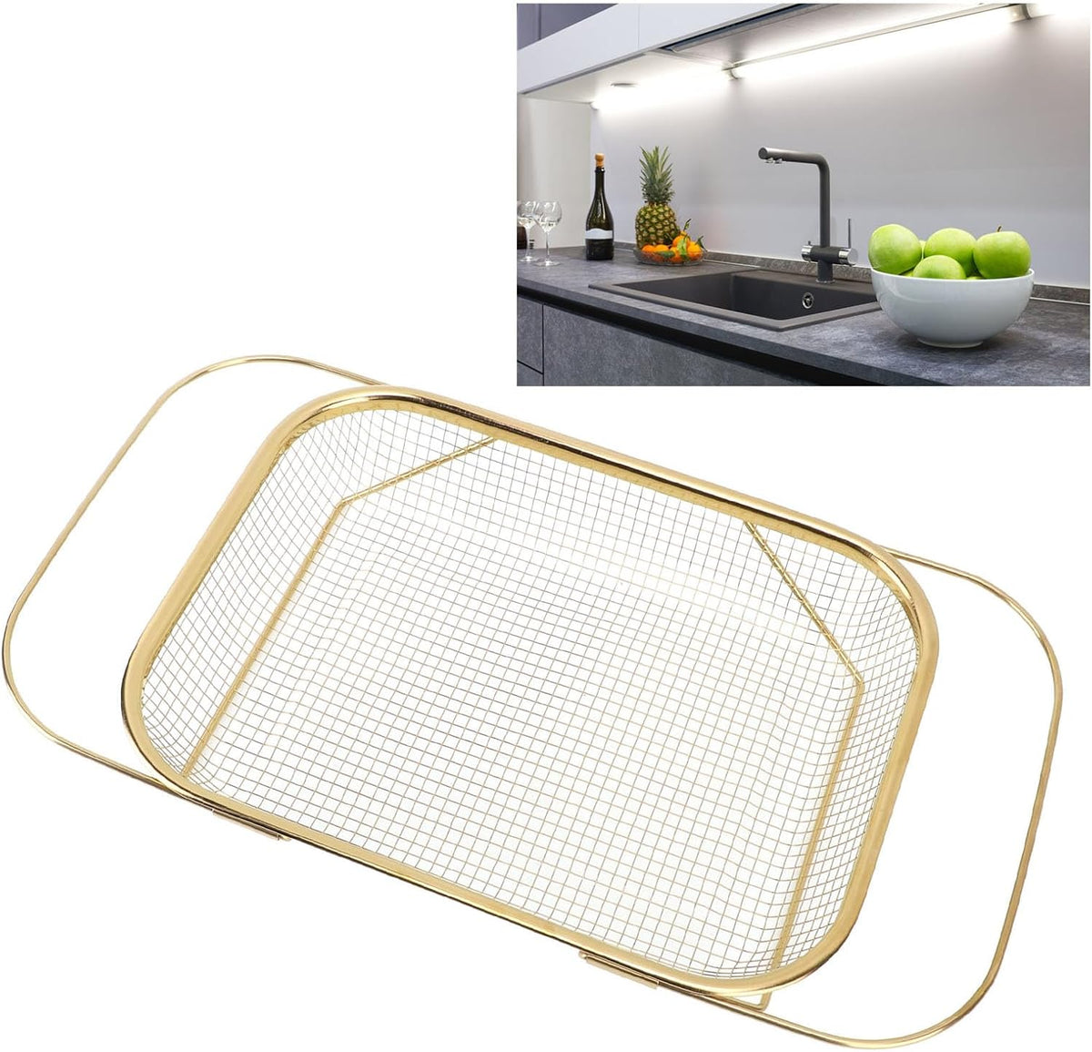 Over The Sink Colander, Expandable Stainless Steel with Fine Mesh Strainer Basket Vegetable Fruit Wash Basket with Handles for Kitchen Sink, Home Kitchen Essentials (Gold)