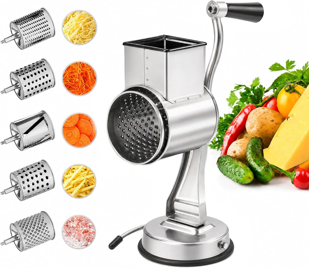 5-In-1 Stainless Steel Rotary Vegetable Grater Potato Slicer, Countertop Grater Manual Kitchen Shredder Round Food Chopper with Blades for Cafeterias Restaurants Hotels