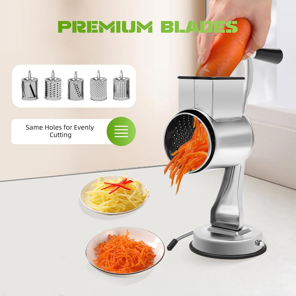 5-In-1 Stainless Steel Rotary Vegetable Grater Potato Slicer, Countertop Grater Manual Kitchen Shredder Round Food Chopper with Blades for Cafeterias Restaurants Hotels