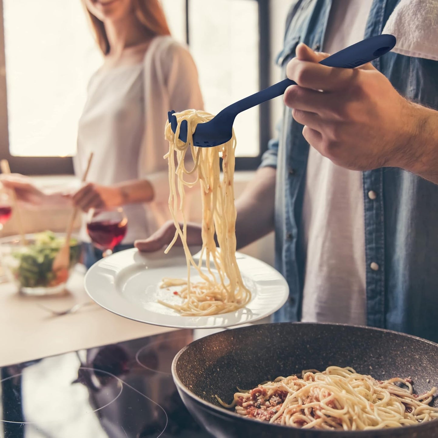 Silicone Pasta & Spaghetti Spoon - 13-In Slate Modern - Heat-Resistant Silicone Ladle & Pasta Fork - Gentle on Nonstick Surfaces