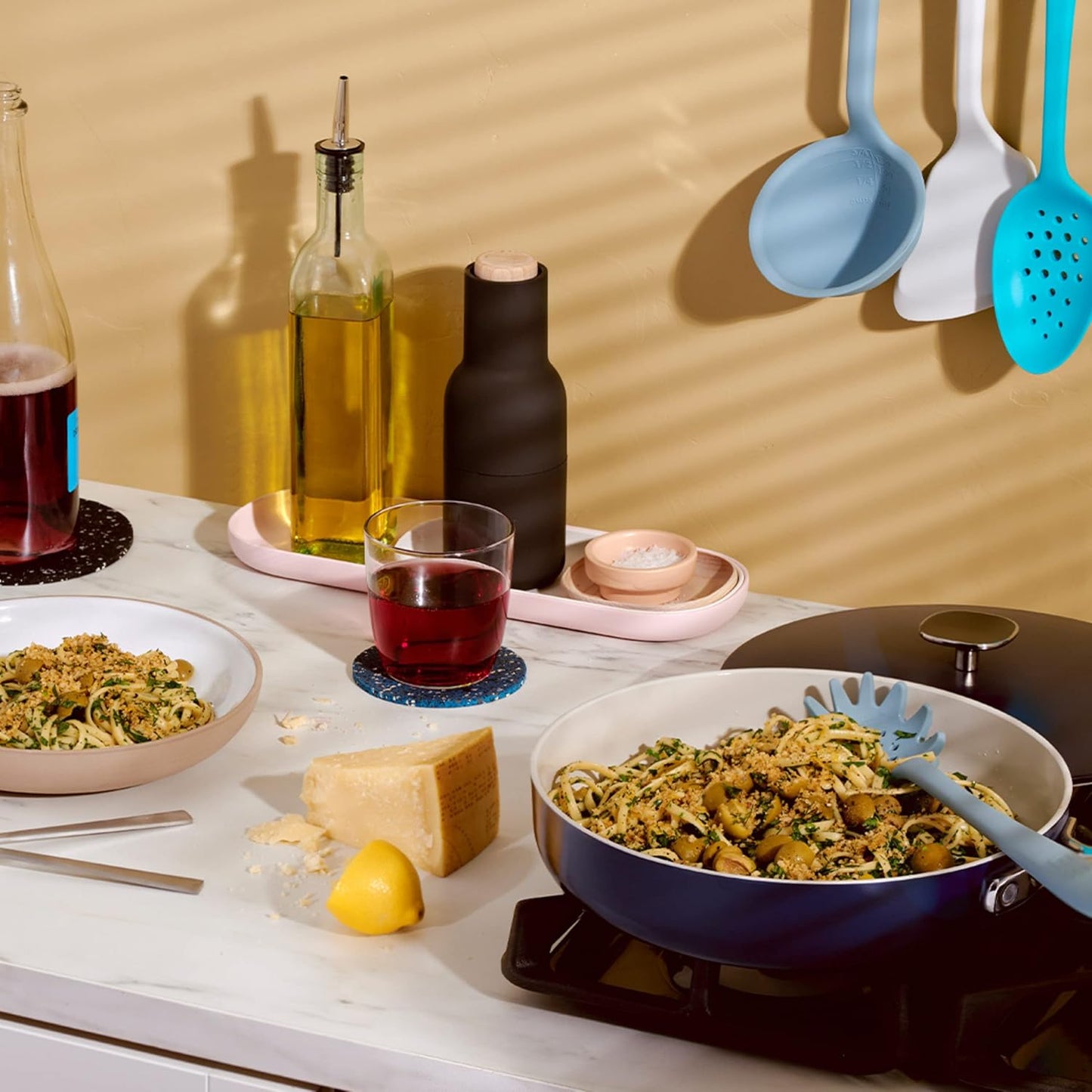Silicone Pasta & Spaghetti Spoon - 13-In Slate Modern - Heat-Resistant Silicone Ladle & Pasta Fork - Gentle on Nonstick Surfaces
