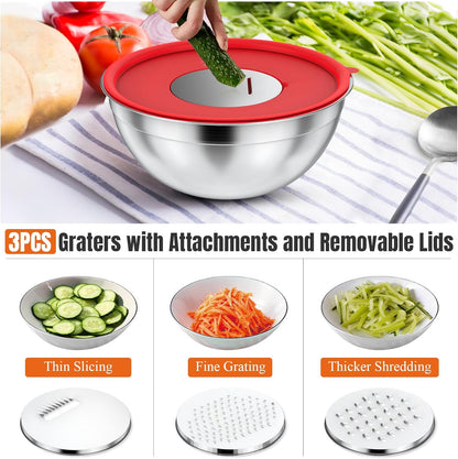Stainless Steel Mixing Bowls Set with Lids & 3 Grater Attachments, Colorful
