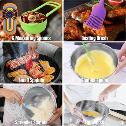 Stainless Steel Mixing Bowls Set with Lids & 3 Grater Attachments, Colorful
