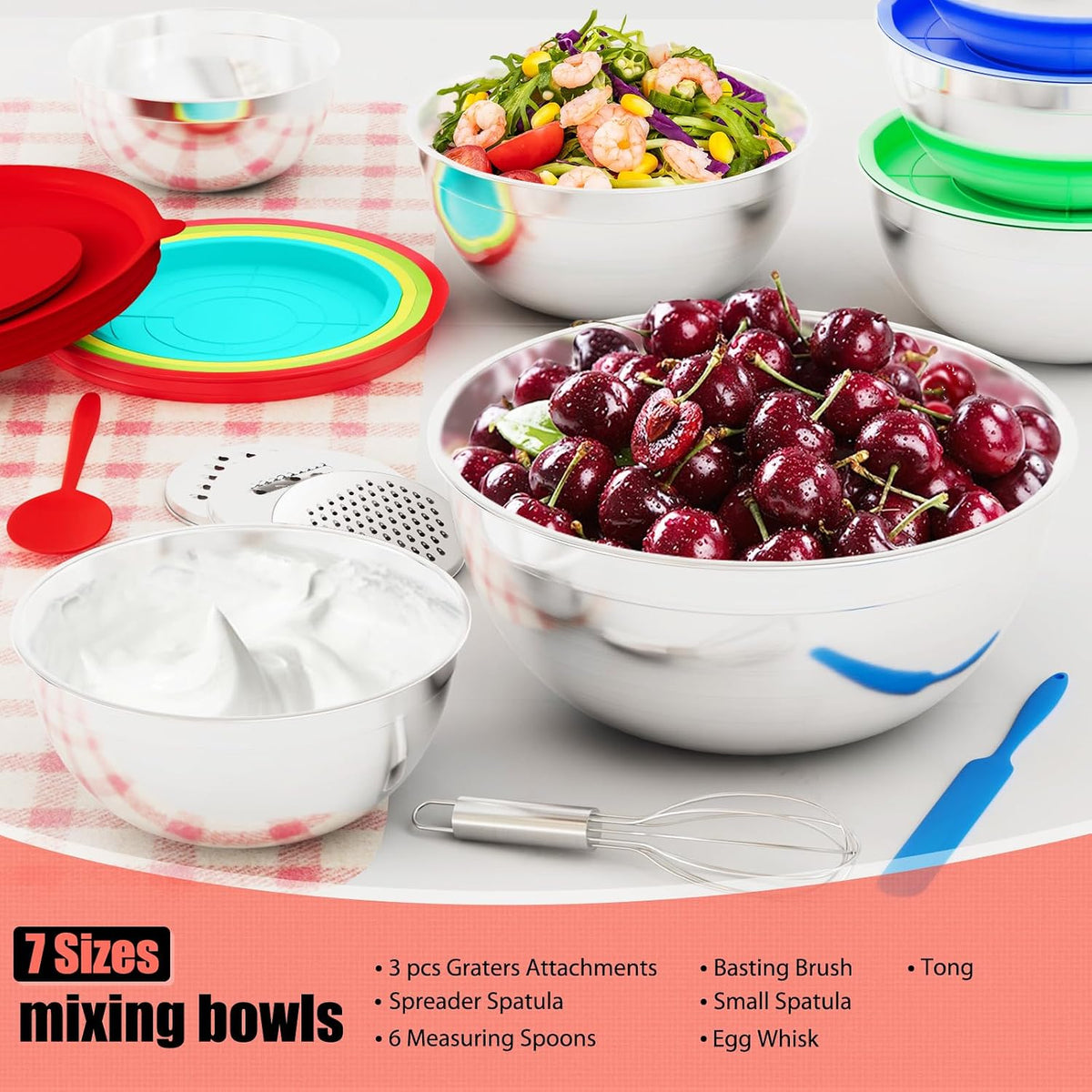 Stainless Steel Mixing Bowls Set with Lids & 3 Grater Attachments, Colorful