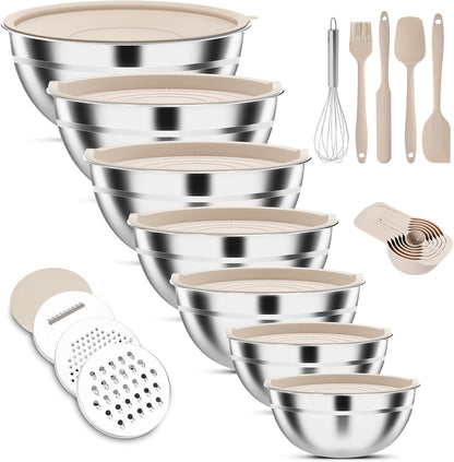 Stainless Steel Mixing Bowls Set with Lids & 3 Grater Attachments, Colorful
