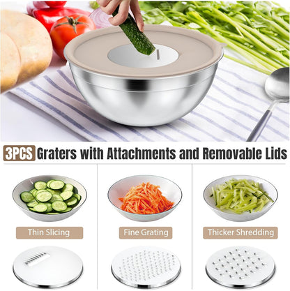 Stainless Steel Mixing Bowls Set with Lids & 3 Grater Attachments, Colorful