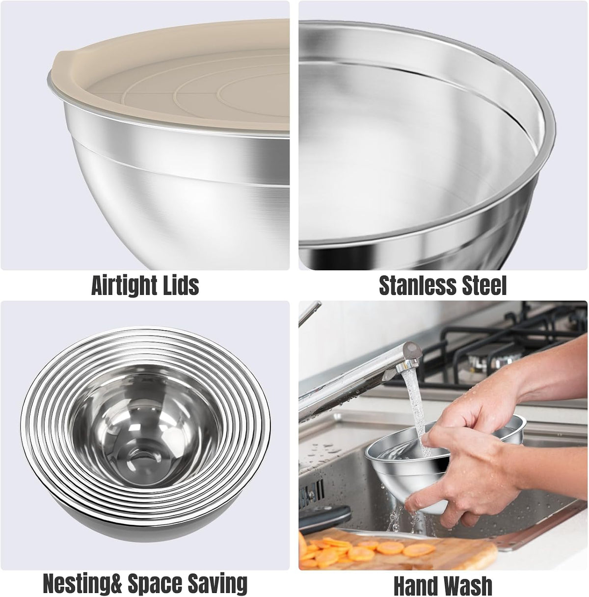 Stainless Steel Mixing Bowls Set with Lids & 3 Grater Attachments, Colorful