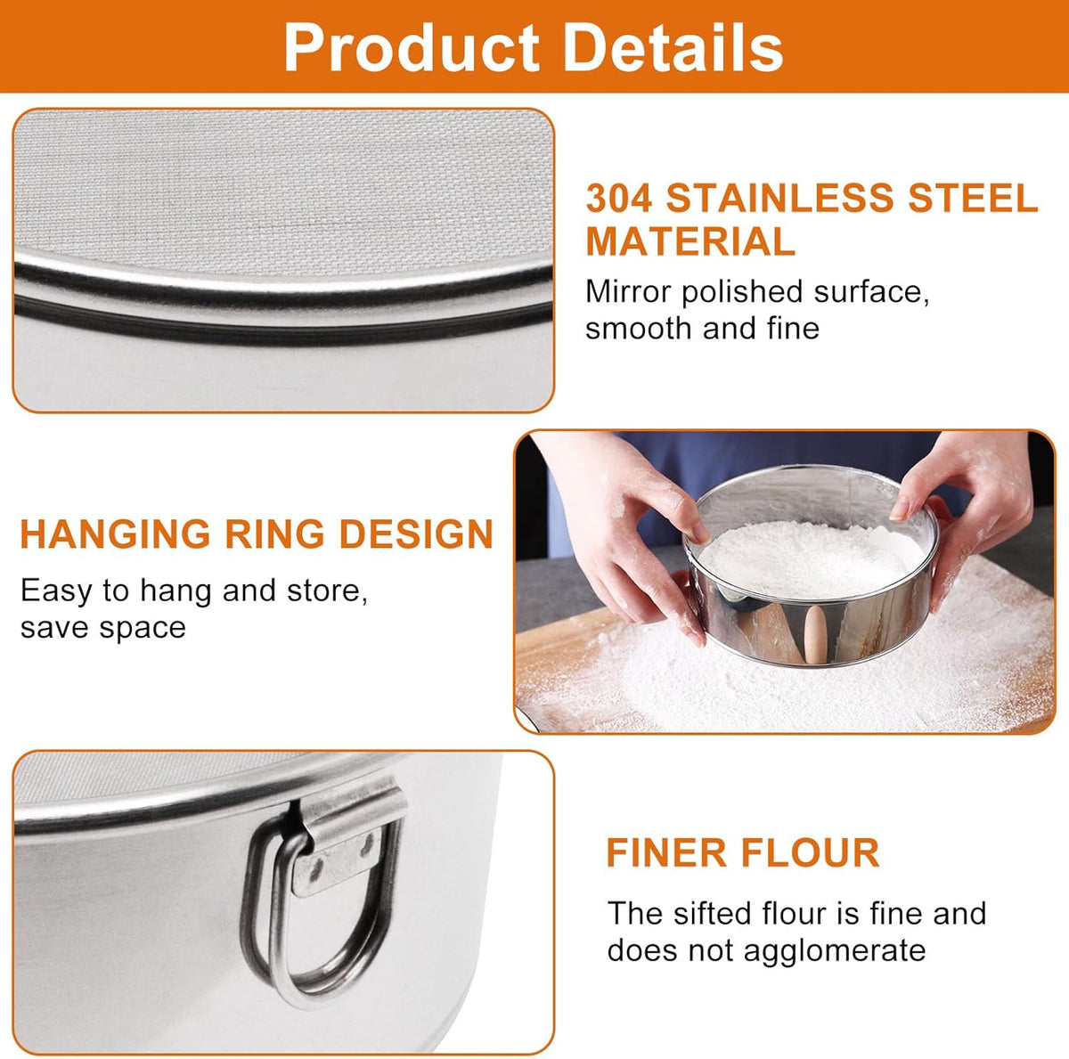 Flour Sifter for Baking 2 Pack, Round Flour Sifter Stainless Steel 6 Inch 60 Mesh and 8 Inch 40 Mesh Sieve Fine Meshs Flours Sieve Set for Baking Cake Bread Pastries