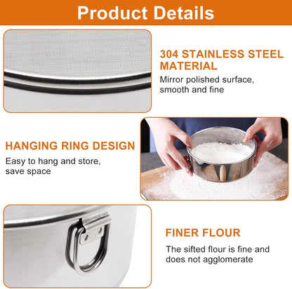 Flour Sifter for Baking 2 Pack, Round Flour Sifter Stainless Steel 6 Inch 60 Mesh and 8 Inch 40 Mesh Sieve Fine Meshs Flours Sieve Set for Baking Cake Bread Pastries