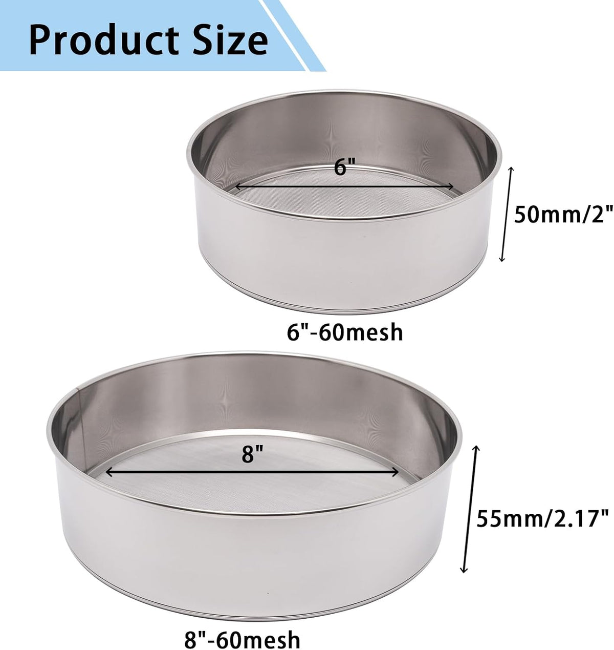 Flour Sifter for Baking 2 Pack, Round Flour Sifter Stainless Steel 6 Inch 60 Mesh and 8 Inch 40 Mesh Sieve Fine Meshs Flours Sieve Set for Baking Cake Bread Pastries