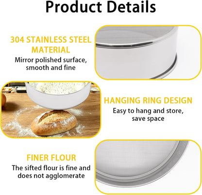 Flour Sifter for Baking 2 Pack, Round Flour Sifter Stainless Steel 6 Inch 60 Mesh and 8 Inch 40 Mesh Sieve Fine Meshs Flours Sieve Set for Baking Cake Bread Pastries