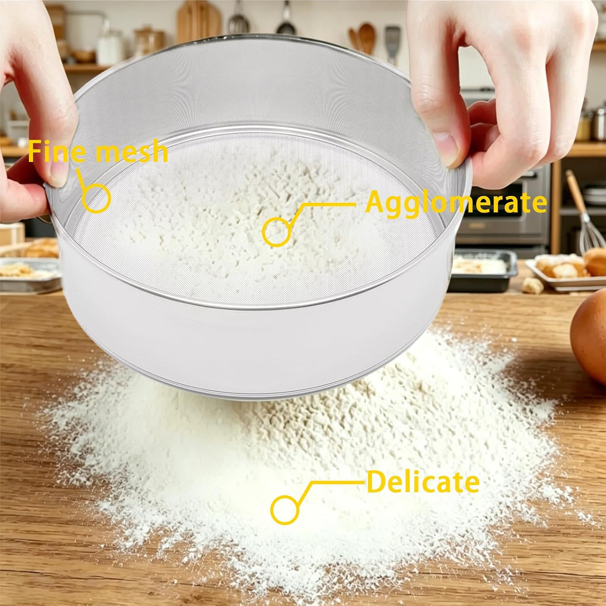 Flour Sifter for Baking 2 Pack, Round Flour Sifter Stainless Steel 6 Inch 60 Mesh and 8 Inch 40 Mesh Sieve Fine Meshs Flours Sieve Set for Baking Cake Bread Pastries