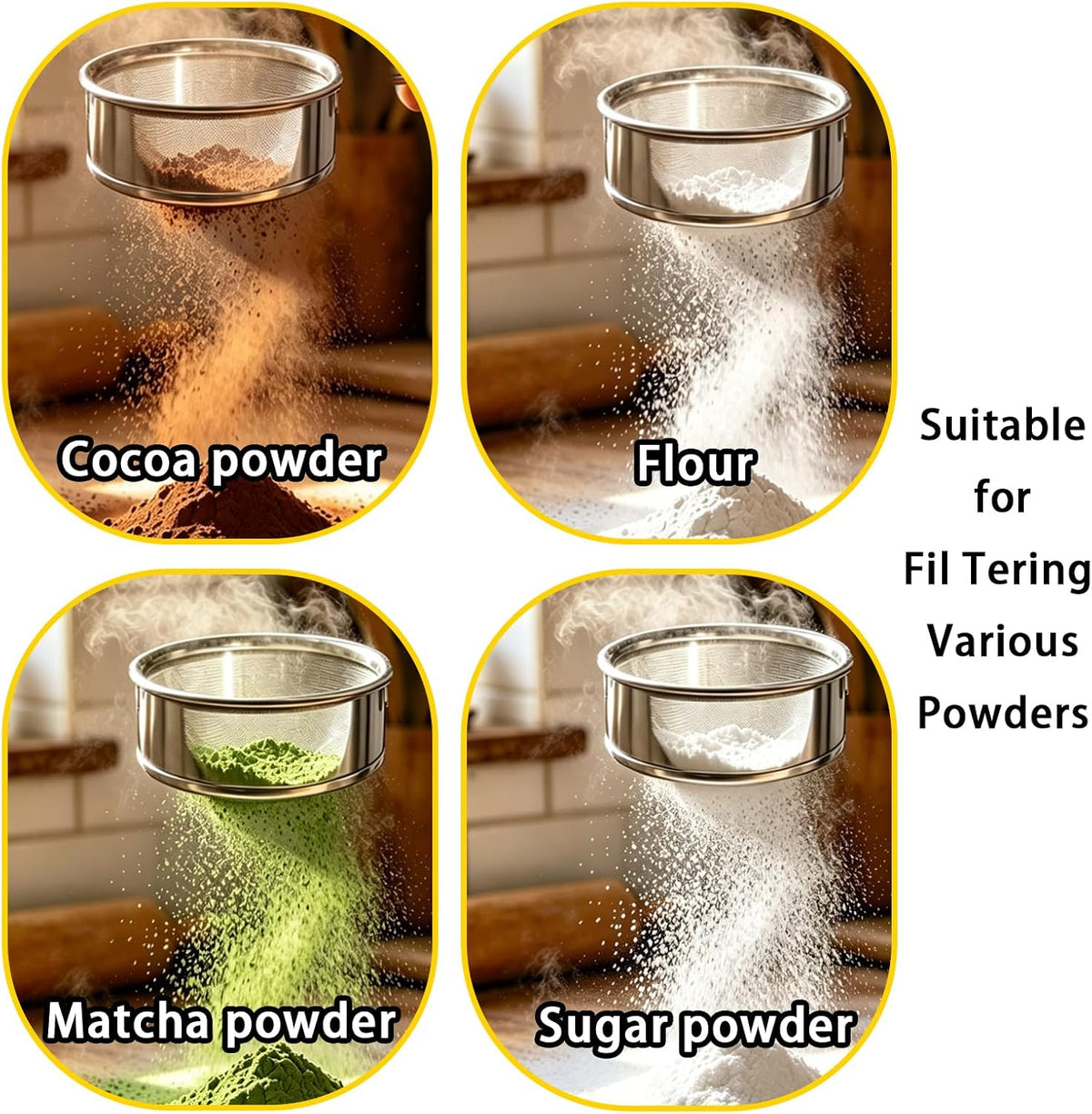 Flour Sifter for Baking 2 Pack, Round Flour Sifter Stainless Steel 6 Inch 60 Mesh and 8 Inch 40 Mesh Sieve Fine Meshs Flours Sieve Set for Baking Cake Bread Pastries