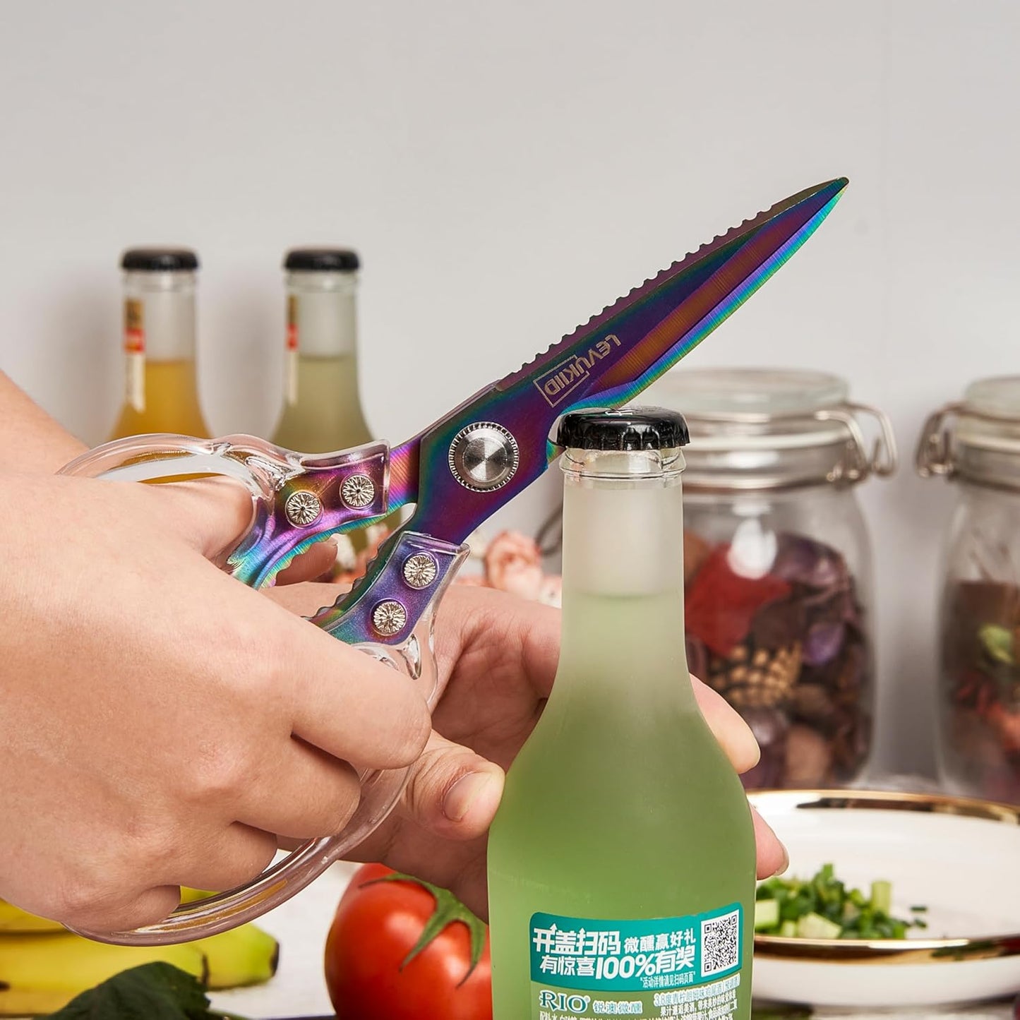 Rust-Resistant Kitchen Scissors, Transparent and Stylish Handle, Suitable For Cutting Various Foods and Their Packaging, Suitable For Large Hands,Colorful Blade