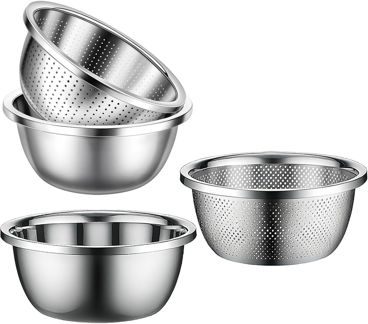 Stainless Steel Mixing Bowls, 4 Pack Rice Washer Strainer Bowl Large Mixing Bowl Salad Mixing Bow, Rice Cleaner Strainer Stainless Steel Colander For Washing Vegetables, Fruit, Rice, Straining Pasta