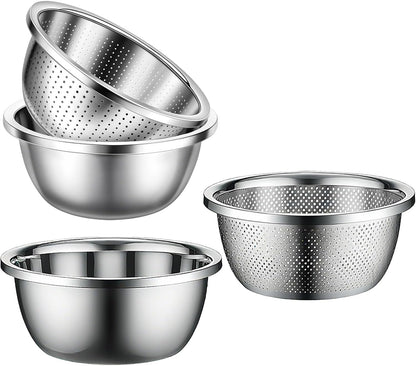 Stainless Steel Mixing Bowls, 4 Pack Rice Washer Strainer Bowl Large Mixing Bowl Salad Mixing Bow, Rice Cleaner Strainer Stainless Steel Colander For Washing Vegetables, Fruit, Rice, Straining Pasta